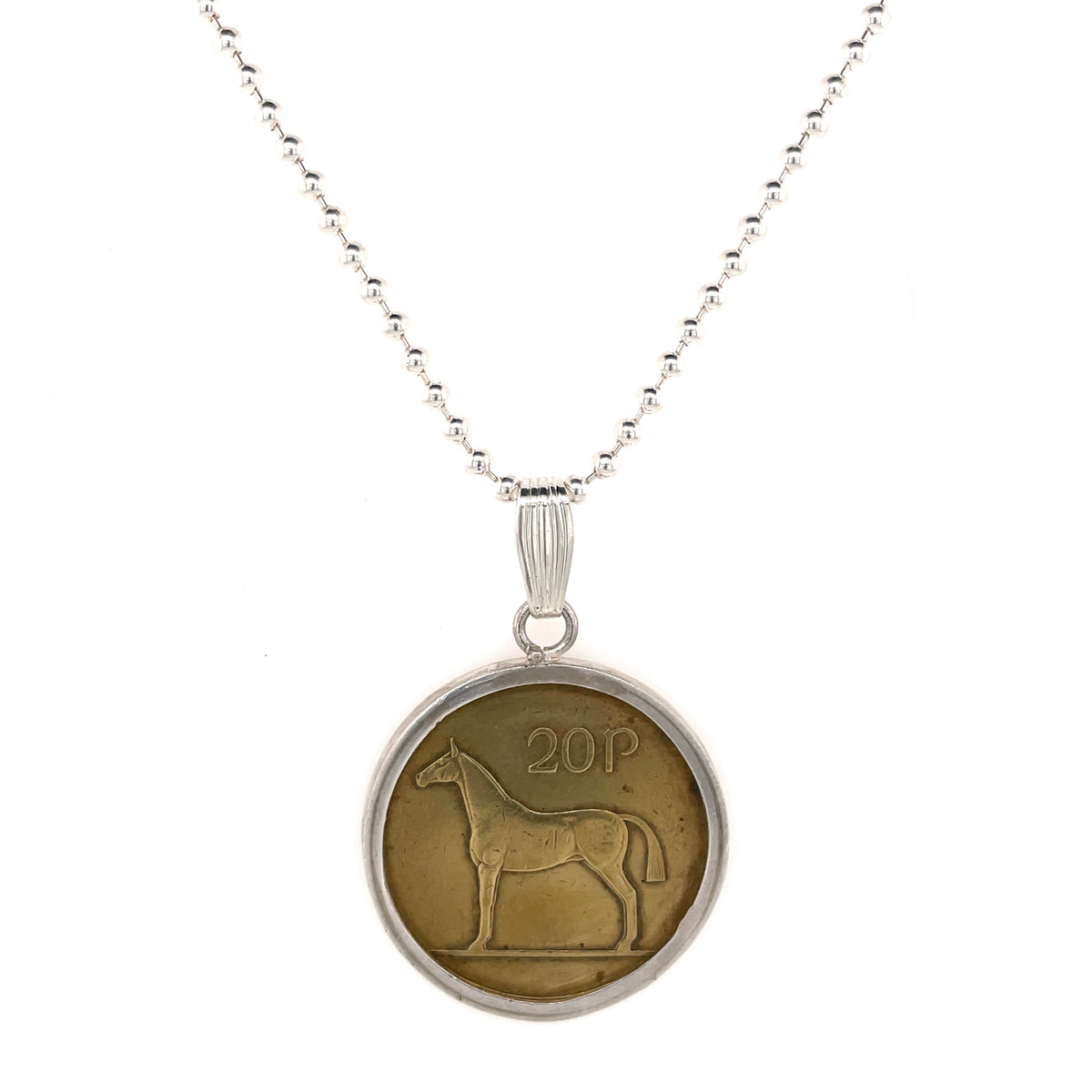 Irish 20P Brass Horse Coin with 21 inch sterling chain
