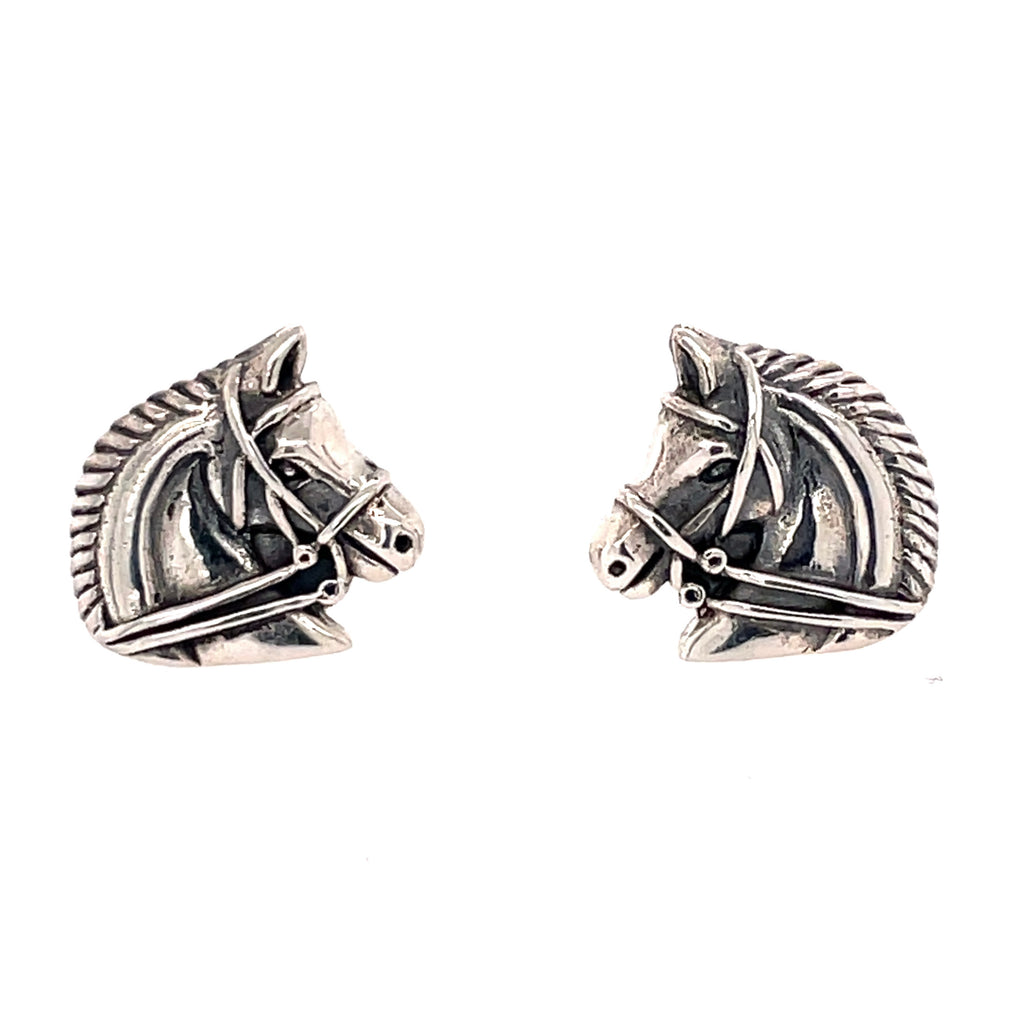 Silver horse head earrings with double bridle